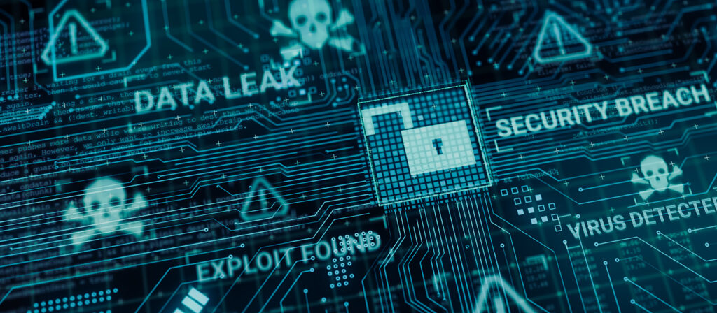 Digitale afbeelding van open hangslot met waarschuwingen over datalekken, virussen en security breaches