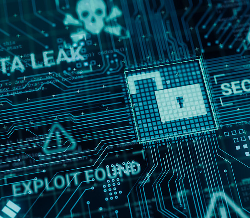 Digitale afbeelding van open hangslot met waarschuwingen over datalekken, virussen en security breaches