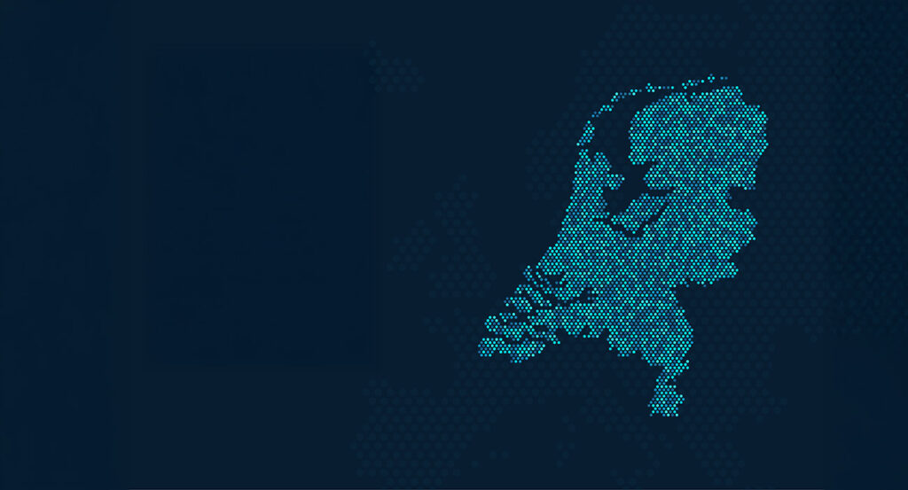 Gestileerde kaart van Nederland opgebouwd uit digitale pixels, symbool voor nationale cybersecurityvraagstukken