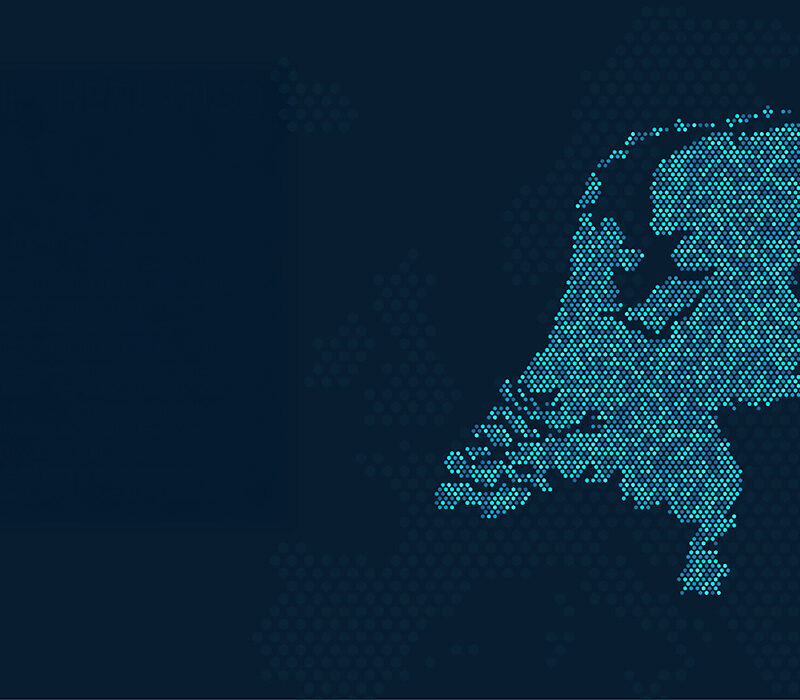 Gestileerde kaart van Nederland opgebouwd uit digitale pixels, symbool voor nationale cybersecurityvraagstukken