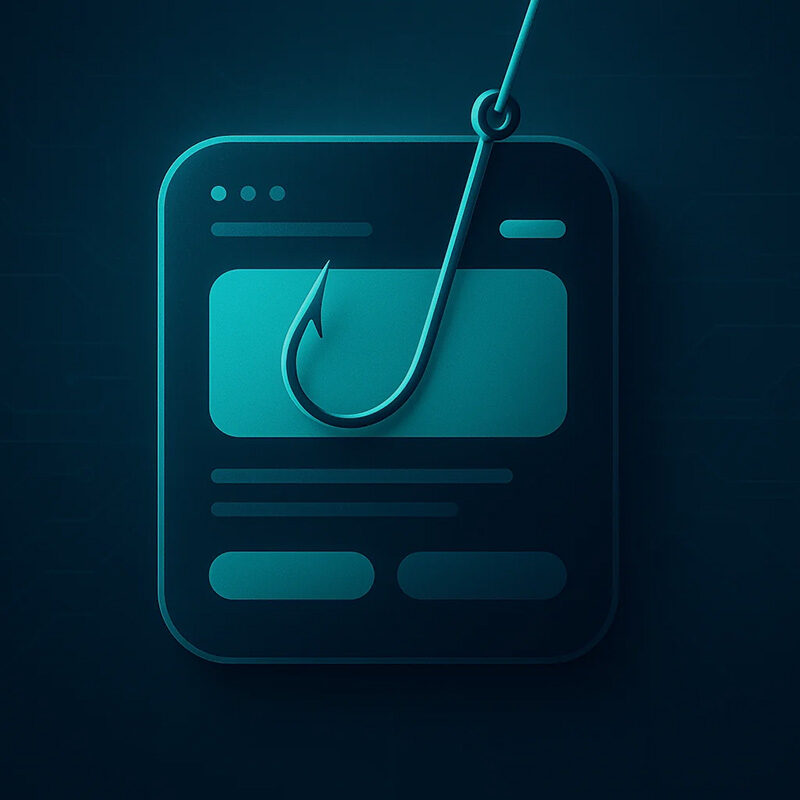 Een digitale app-interface met een vislijn en haak als metafoor voor phishing via Progressive Web Apps, in donkerblauw en turquoise kleuren.