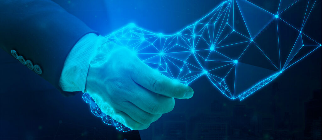 Digitale handdruk tussen mens en netwerkstructuur, symbool voor vertrouwen in samenwerking