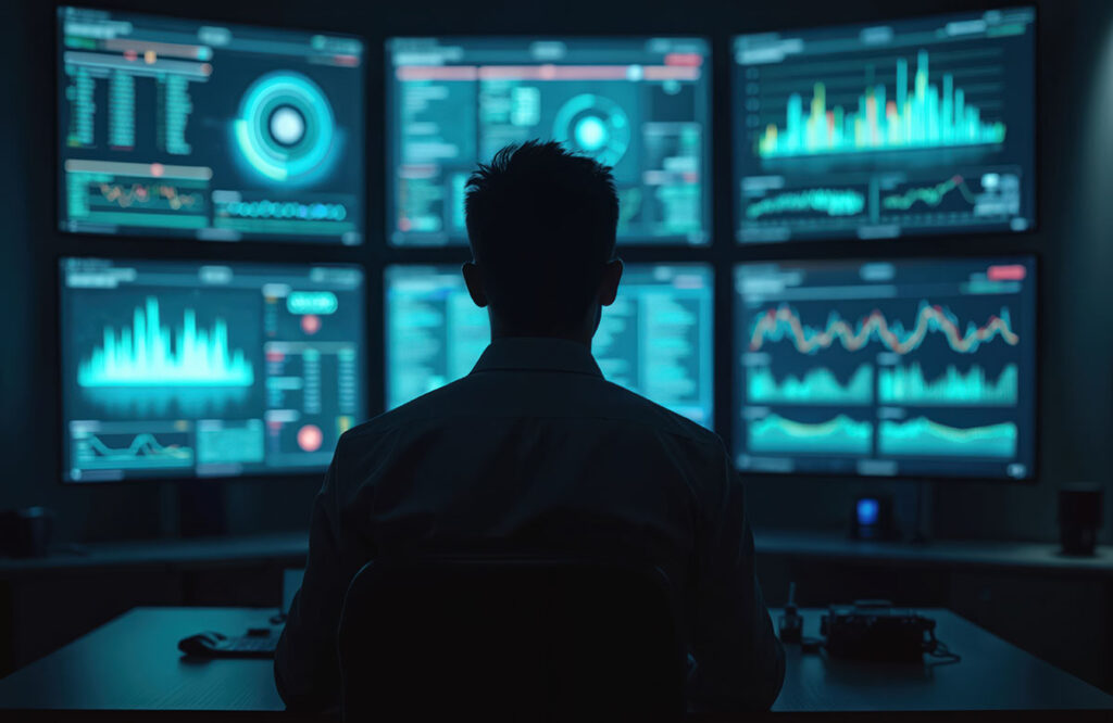 Persoon monitort meerdere schermen met data en grafieken in een Security Operations Center (SOC).