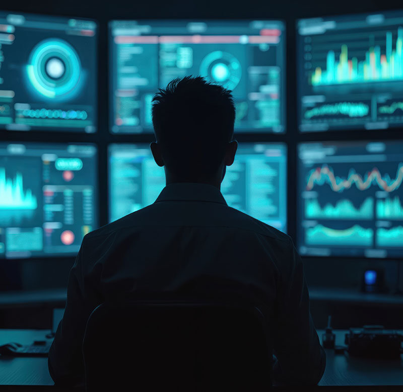 Persoon monitort meerdere schermen met data en grafieken in een Security Operations Center (SOC).