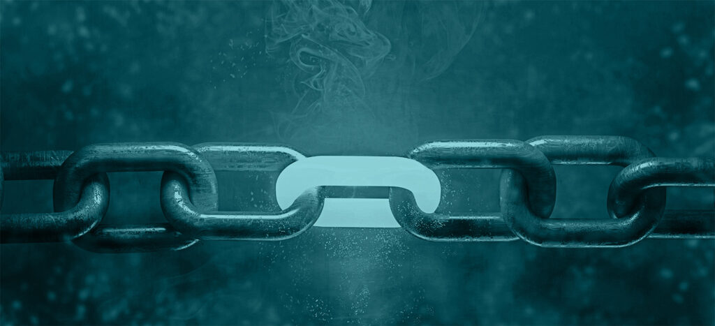 Metafoor van zwakke schakel in een ketting, als symbool voor kwetsbaarheden in de digitale supply chain
