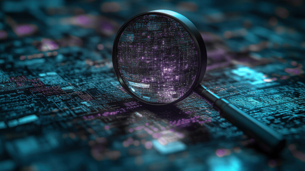 Vergrootglas boven digitaal circuit met lichtpunten, symbool voor het opsporen van cyberdreigingen via threat intelligence.