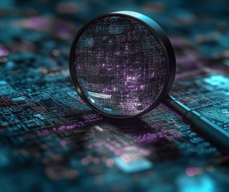 Vergrootglas boven digitaal circuit met lichtpunten, symbool voor het opsporen van cyberdreigingen via threat intelligence.
