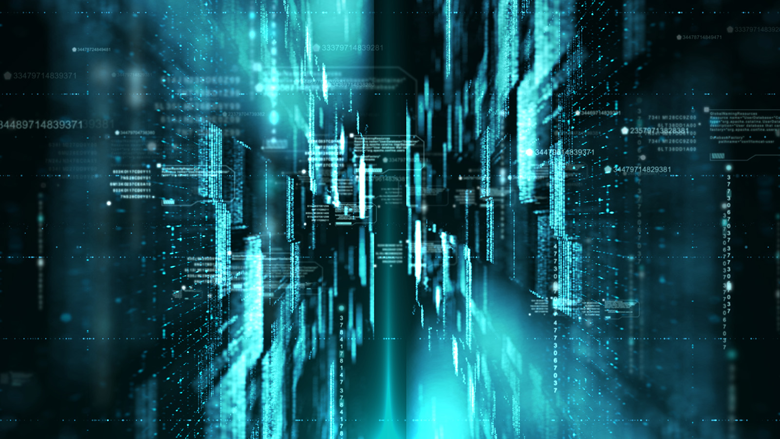 Futuristische digitale omgeving met zwevende gegevensstromen, code en cijfers in een neonblauwe kleur, die de dynamiek van cyberspace, data-analyse en technologie weerspiegelt.