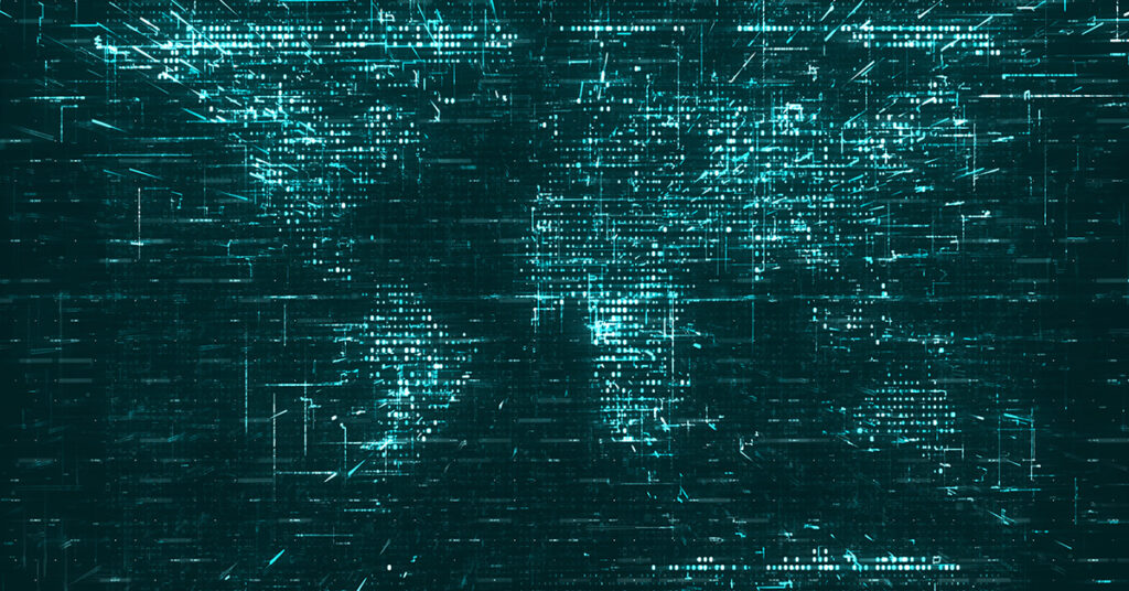 Digitale wereldkaart in een futuristische stijl, opgebouwd uit turquoise lichtpuntjes en lijnen op een donkere achtergrond, met een high-tech en cybernetische uitstraling.