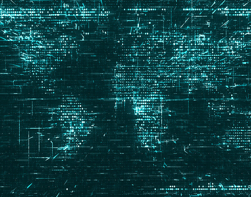 Digitale wereldkaart in een futuristische stijl, opgebouwd uit turquoise lichtpuntjes en lijnen op een donkere achtergrond, met een high-tech en cybernetische uitstraling.