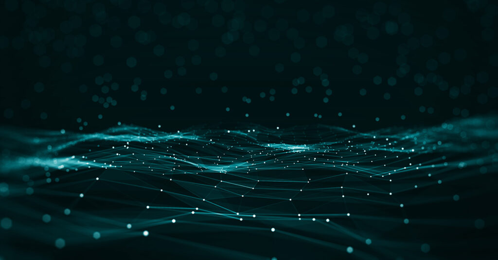 Abstracte digitale weergave van een golvend netwerk van verbonden punten en lijnen in een turquoise kleur op een donkere achtergrond, met een futuristische en technologische uitstraling.
