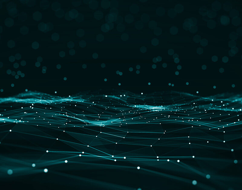 Abstracte digitale weergave van een golvend netwerk van verbonden punten en lijnen in een turquoise kleur op een donkere achtergrond, met een futuristische en technologische uitstraling.