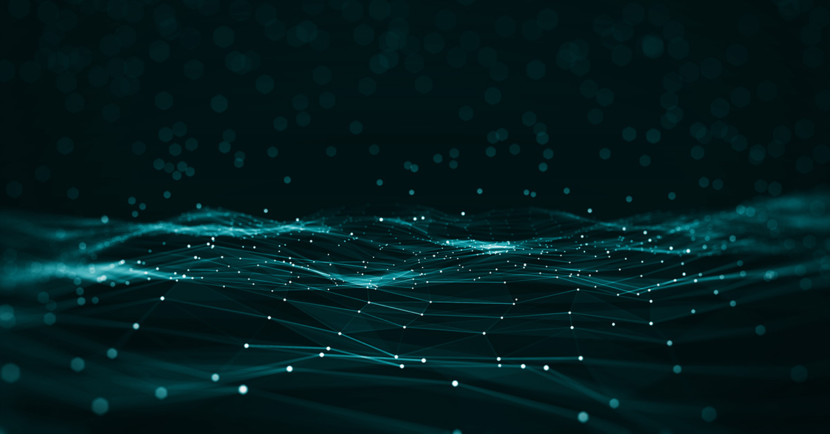 Abstracte digitale weergave van een golvend netwerk van verbonden punten en lijnen in een turquoise kleur op een donkere achtergrond, met een futuristische en technologische uitstraling.