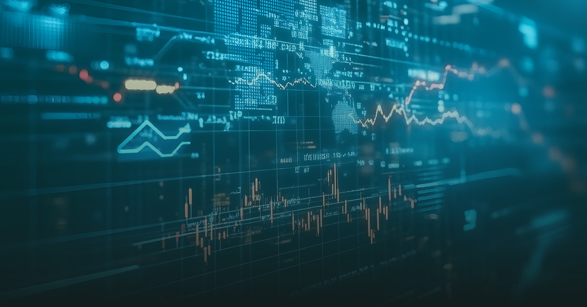 Digitale visualisatie van financiële marktgegevens met grafieken, datapunten en een wereldkaart in een futuristische, blauwgekleurde interface, die de dynamiek van economie en technologie weerspiegelt.